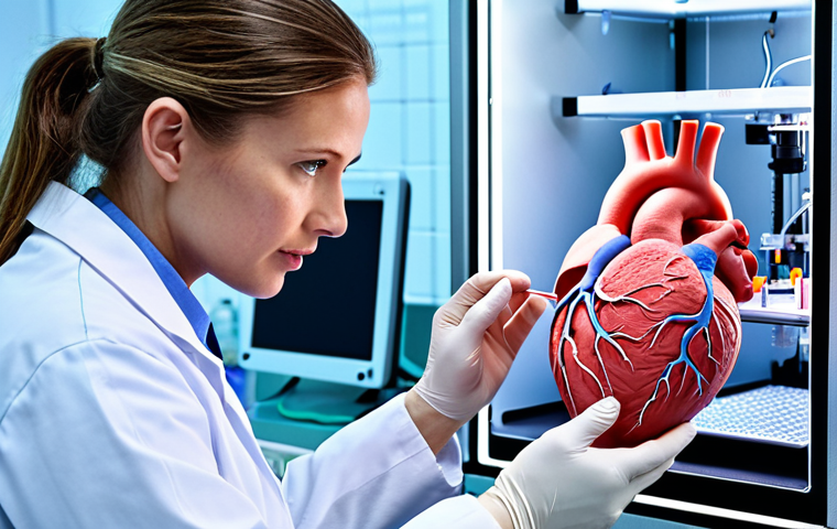 **A futuristic laboratory filled with advanced bio-printing equipment. Scientists in lab coats are carefully examining a 3D-printed heart, showcasing the potential of bio-printing in organ transplantation. Focus on the intricate details of the printed organ and the sophisticated technology in the lab.**