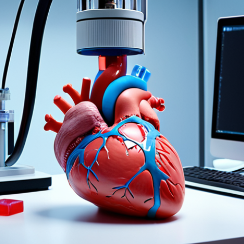 **

A futuristic lab setting showcasing a 3D bioprinting machine creating a small, beating heart. Focus on the technology and scientific elements, with researchers in the background.

**