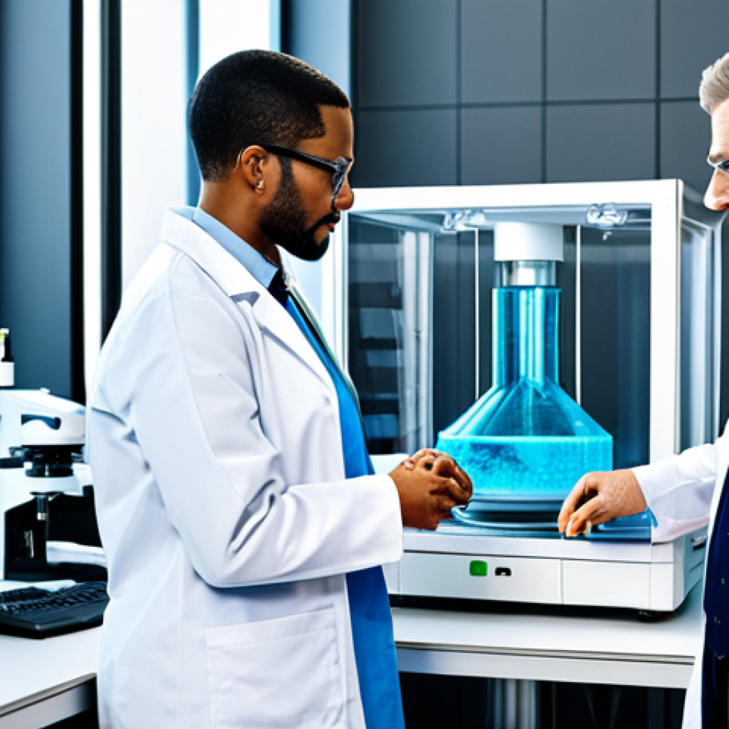 "A diverse group of doctors and scientists in a modern laboratory, working with a 3D bioprinting machine, fully clothed in lab coats, safe for work, perfect anatomy, natural proportions, professional scientific illustration, appropriate content, family-friendly."