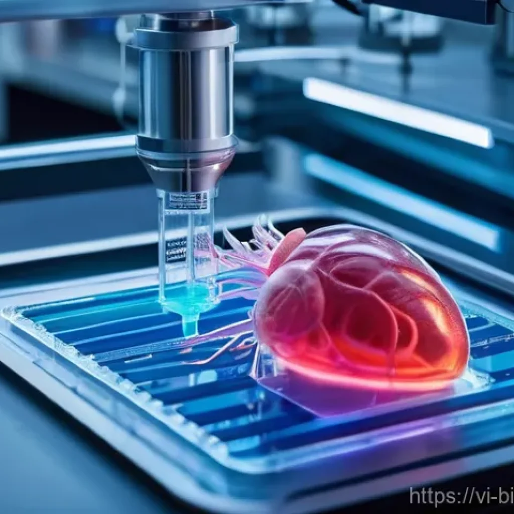 바이오프린팅을 위한 연구개발 투자 전략 - **Prompt:** A close-up, highly detailed shot of a futuristic 3D bioprinter in action within a steril...