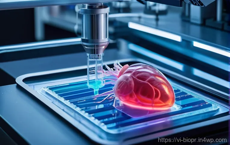 바이오프린팅을 위한 연구개발 투자 전략 - **Prompt:** A close-up, highly detailed shot of a futuristic 3D bioprinter in action within a steril...