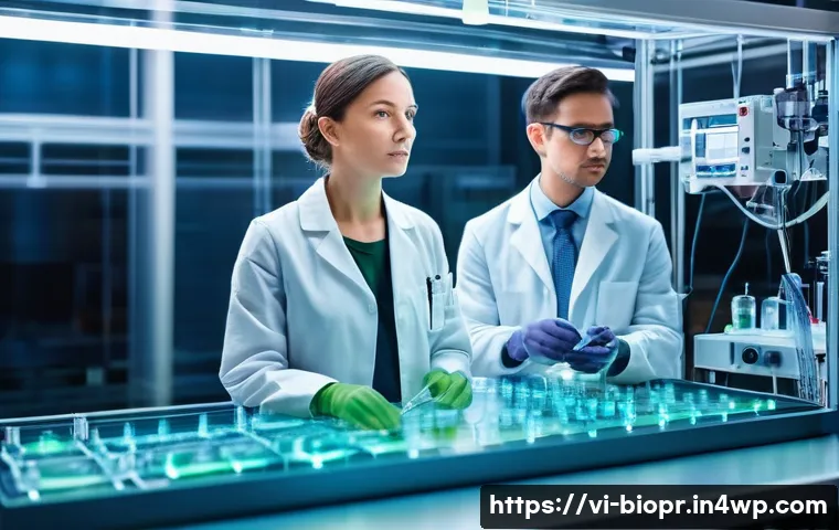 바이오프린팅 기술의 사회적 수용성 - **Prompt:** A high-resolution, futuristic laboratory scene bathed in soft, sterile light. In the cen...