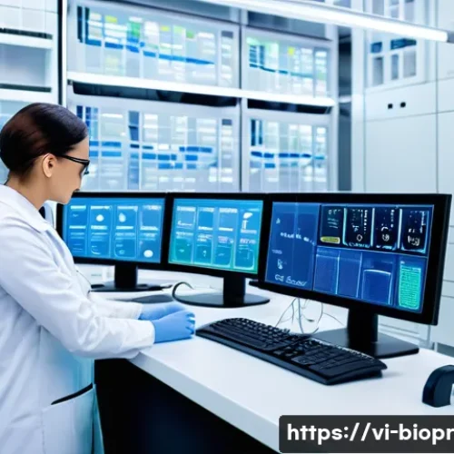 바이오프린팅의 데이터 관리 및 분석 방법 - A high-tech bio-printing laboratory scene showing a multi-sensor monitoring system with digital disp...