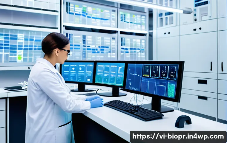 바이오프린팅의 데이터 관리 및 분석 방법 - A high-tech bio-printing laboratory scene showing a multi-sensor monitoring system with digital disp...