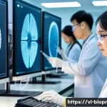 바이오프린팅 기술의 안전성 평가 방법 - A high-tech biomedical laboratory setting in Vietnam, showing scientists wearing protective lab coat...