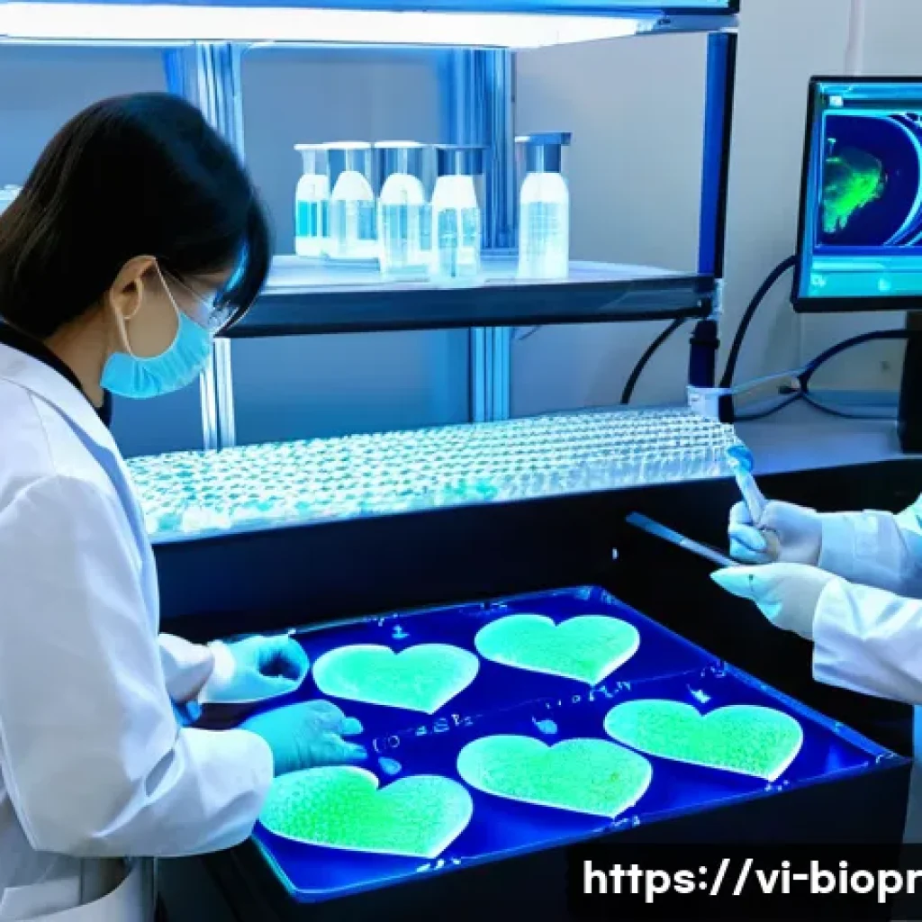 바이오프린팅의 기술적 혁신 요소 - ) Photorealistic laboratory scene showing volumetric bioprinting of a complex cardiac-shaped scaffol...
