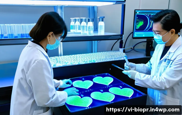 바이오프린팅의 기술적 혁신 요소 - ) Photorealistic laboratory scene showing volumetric bioprinting of a complex cardiac-shaped scaffol...