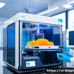 Home 22 바이오프린팅을 위한 필수 장비 및 도구 - A high-tech bioprinter in action inside a modern laboratory, featuring a precise micro-scale inkjet ...
