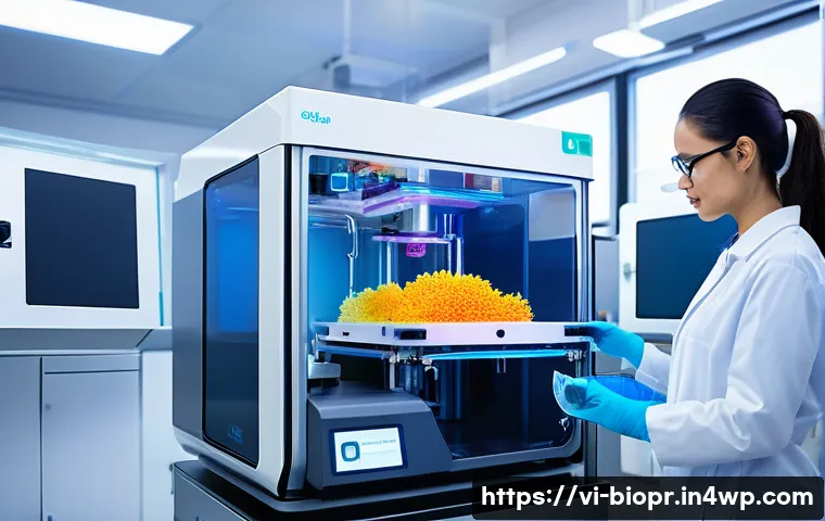 바이오프린팅을 위한 필수 장비 및 도구 - A high-tech bioprinter in action inside a modern laboratory, featuring a precise micro-scale inkjet ...
