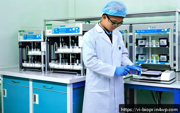 바이오프린팅의 시장 진출 전략 및 성공 요소 - A modern Vietnamese hospital laboratory scene focused on a bio-printing setup using inkjet technolog...