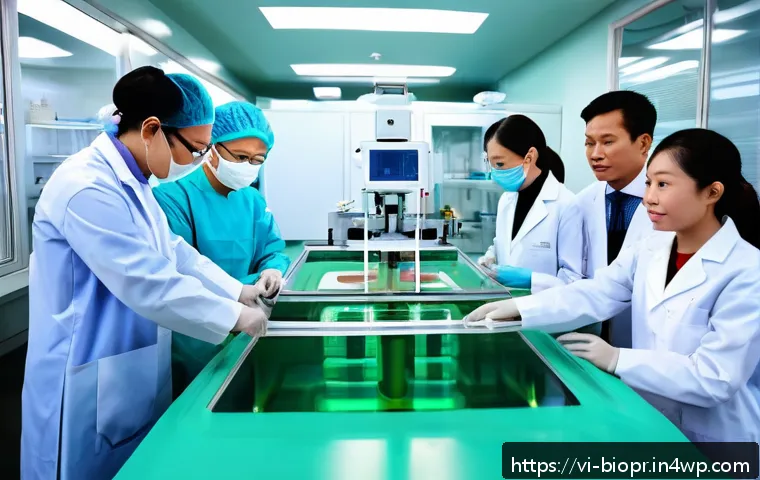 바이오프린팅의 생명윤리적 고려사항 - A futuristic Vietnamese medical laboratory scene showcasing advanced bioprinting technology in actio...