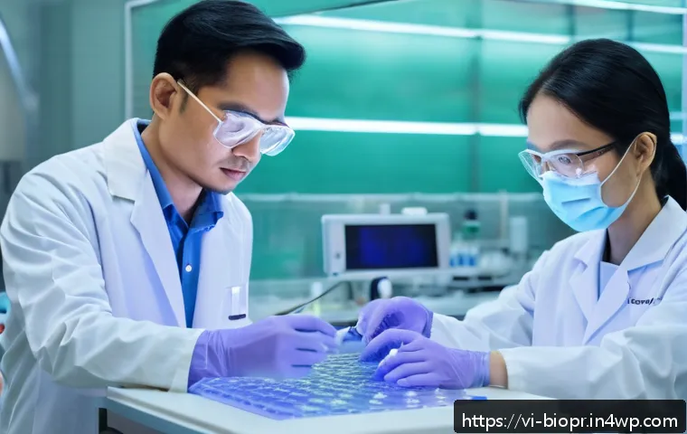 바이오프린팅 기술의 실용화 연구 동향 - A futuristic Vietnamese biomedical laboratory scene showcasing scientists working with advanced 3D b...
