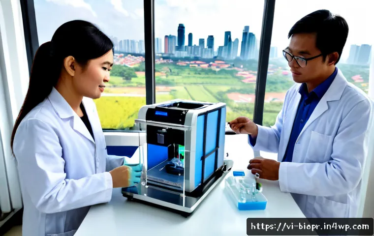 Home 30 바이오프린팅의 새로운 비즈니스 모델 발굴 - Photorealistic Vietnamese biotech startup team in Ho Chi Minh City evaluating a compact 3D bioprinte...